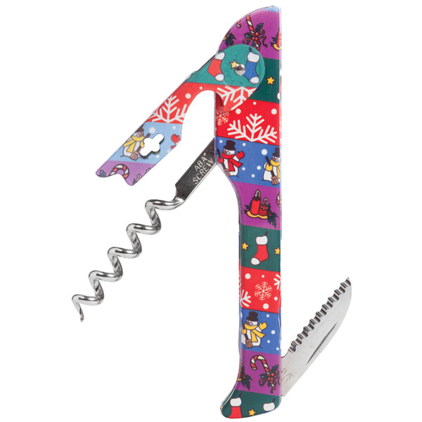 A multicolored Franmara Hugger Designer Collection Waiter's Corkscrew with a wrapping paper decal.