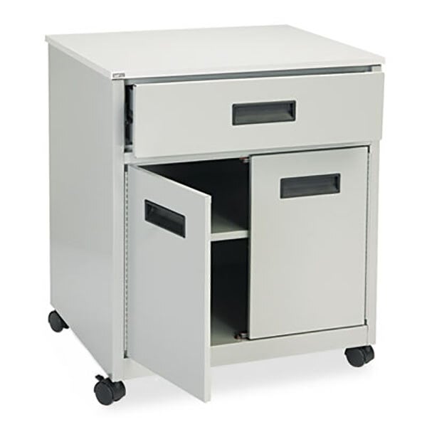 A gray steel Safco machine stand with a drawer on wheels.