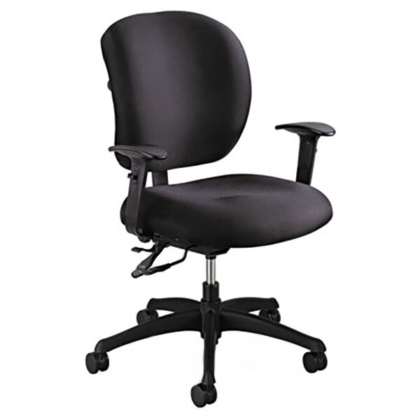 A Safco Alday black office chair with wheels and arms.