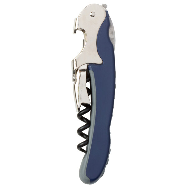 A Franmara Double Power Waiter's Corkscrew with a dark blue handle and silver accents.