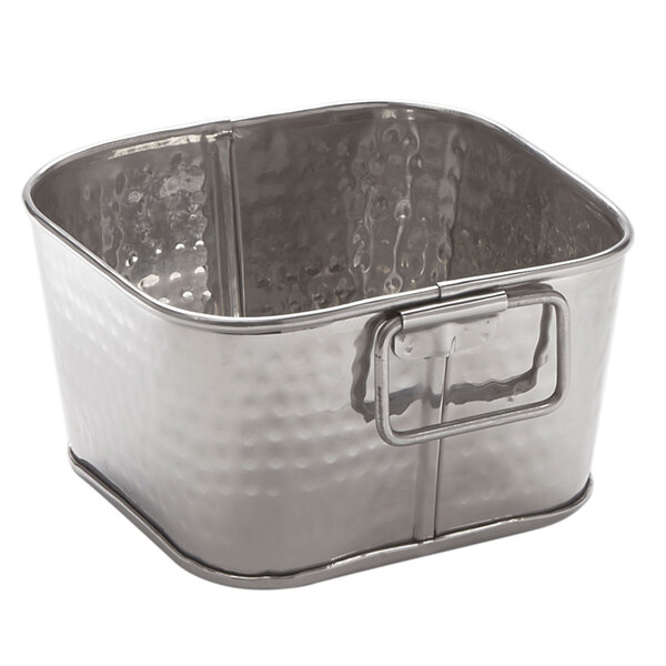 An American Metalcraft stainless steel square container with a handle.