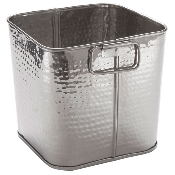 An American Metalcraft stainless steel container with a hammered finish and a handle.