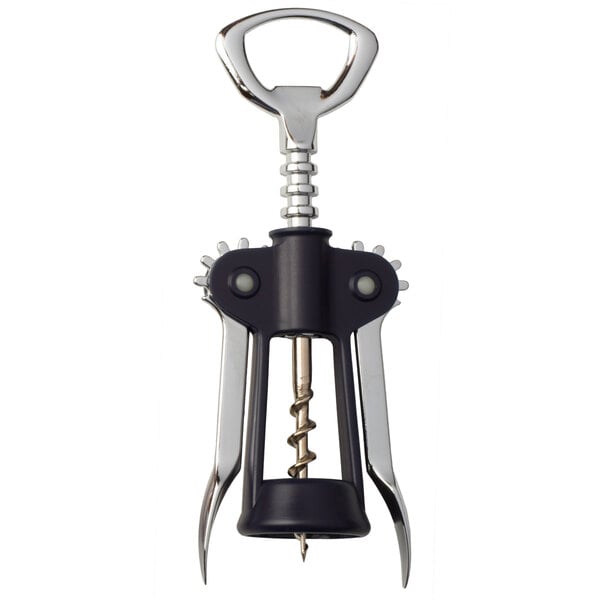 A Franmara Vantage wing corkscrew with a black plastic handle and metal accents.