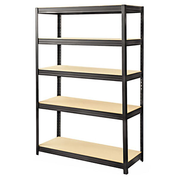 A black metal Safco shelving unit with four particleboard shelves.