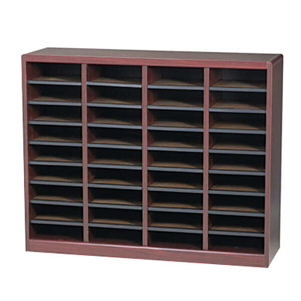 A Safco E-Z Stor wood file organizer with many compartments.