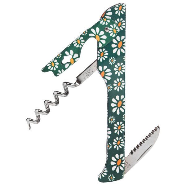 A Franmara waiter's corkscrew with a white daisies decal on a green background.