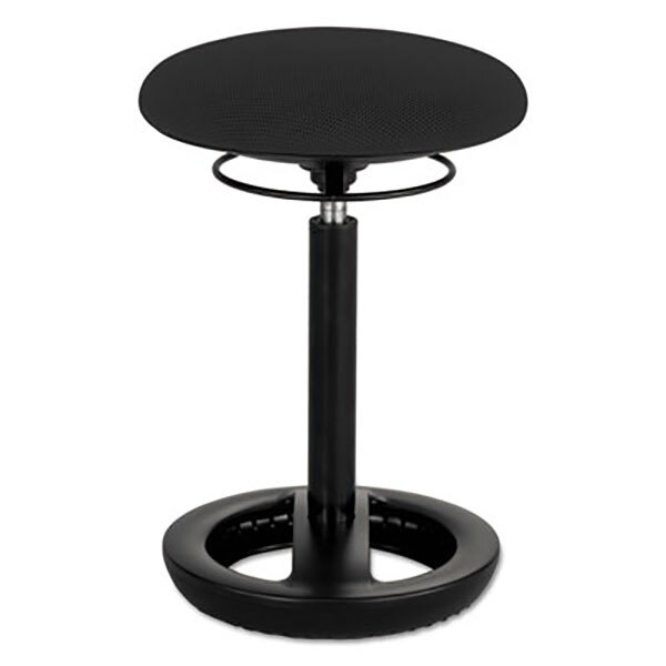 A black Safco Twixt desk height stool with a round base and round seat.