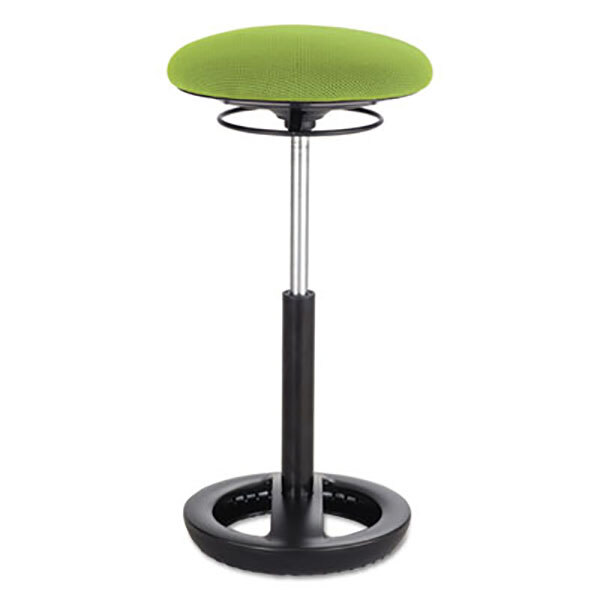 A Safco green ergonomic stool with a black base and a fabric cushion.