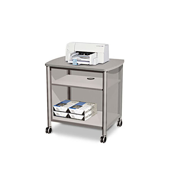 A gray Safco machine stand with a printer on it.