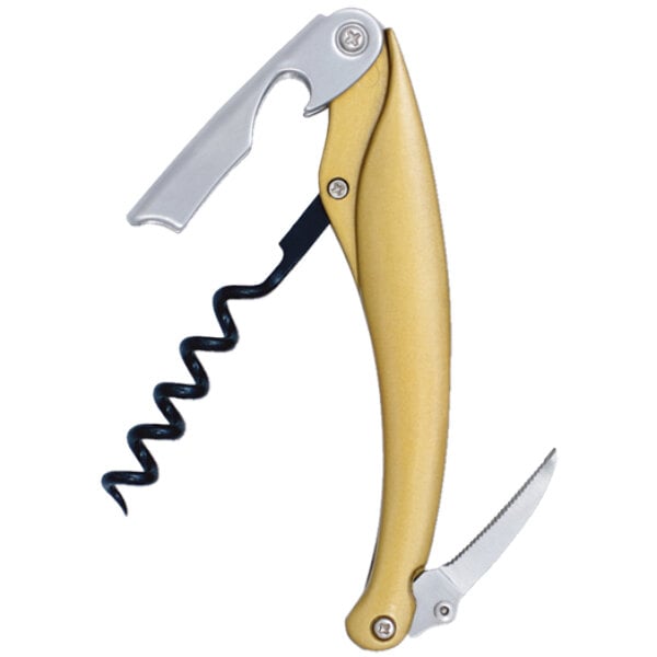 A Franmara Dauphine waiter's corkscrew with a gold metal alloy handle and a black spiral.
