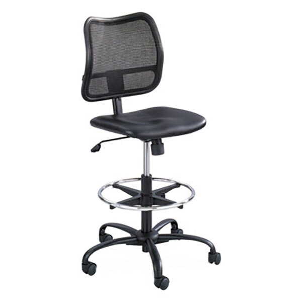 A black Safco office stool with a mesh back and padded seat.