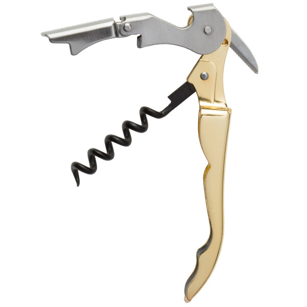 A Franmara corkscrew with a gold and metal handle.