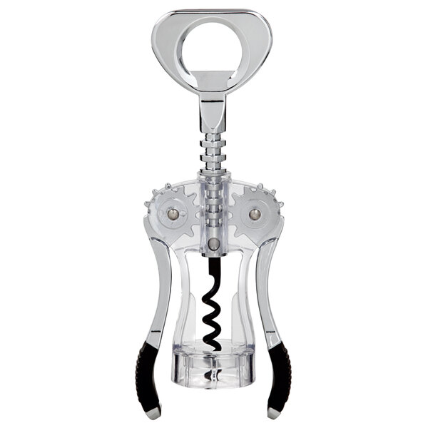 A Franmara Primo wing corkscrew with a translucent clear body and a handle with a bottle opener.