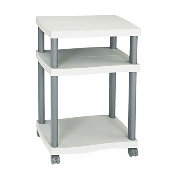 A charcoal gray Safco wave design printer stand with shelves.