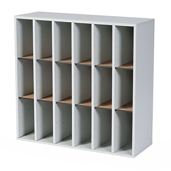 A gray wood file organizer with black shelves and dividers.