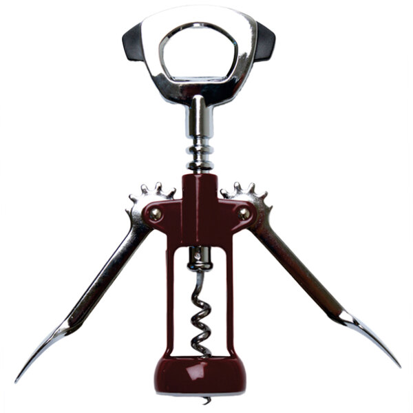 A Franmara chrome-plated wing corkscrew with a red enameled handle.