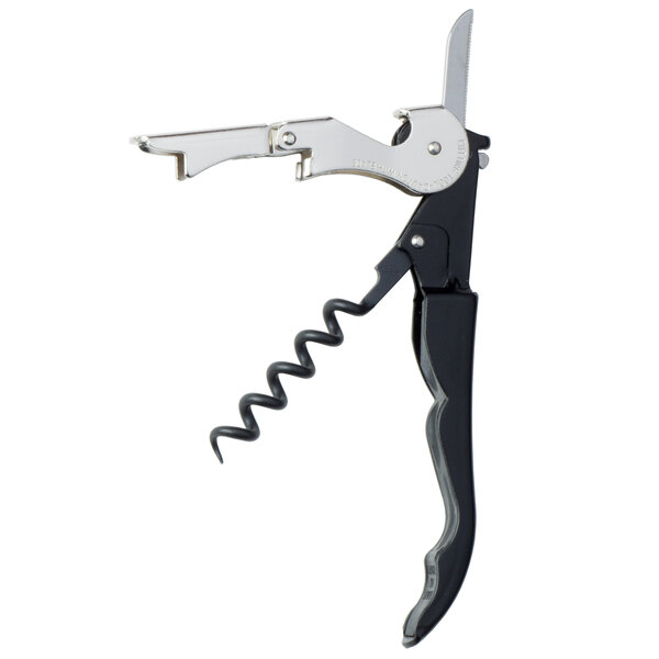 A close-up of a black and silver Pulltap's Slider Waiter's Corkscrew.