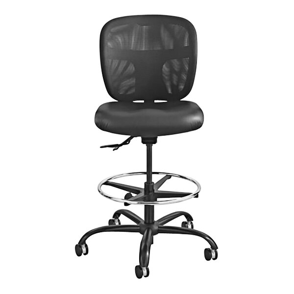 A Safco Vue black mesh office stool with a black seat and back.