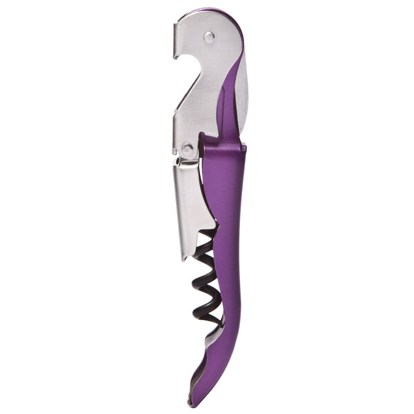 A Franmara Duo-Lever Waiter's Corkscrew with a purple and silver metallic handle.