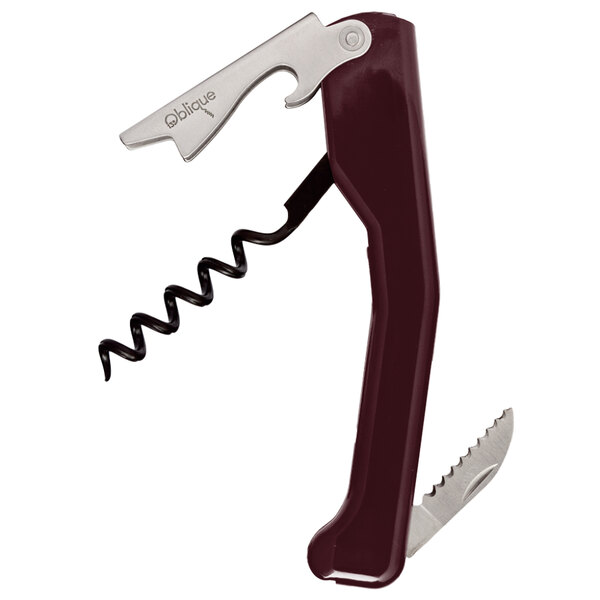 An Oblique Waiter's Corkscrew with a Burgundy handle and a knife.