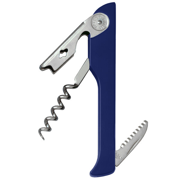 A Franmara Hugger Waiter's Corkscrew with a dark blue ABS plastic handle and silver metal accents.