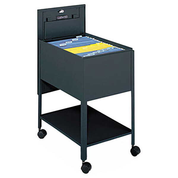 A Safco black extra deep tub file cart with a locking top.