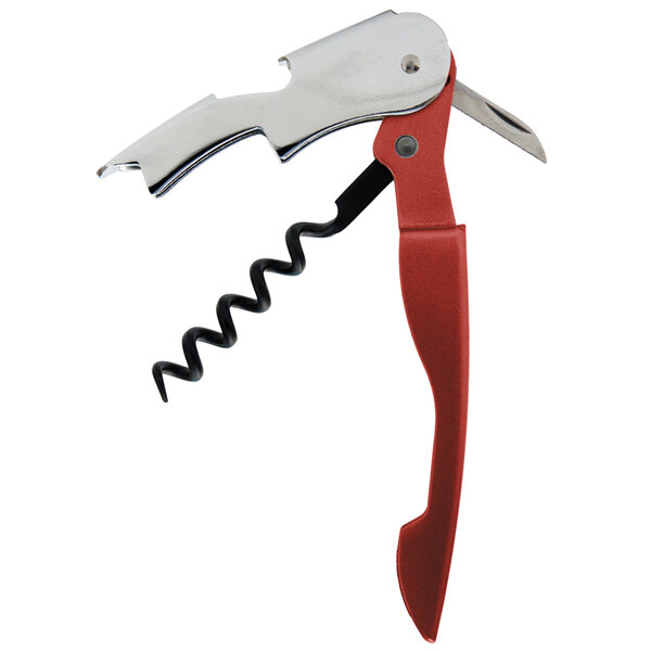 A red and silver PullPlus waiter's corkscrew.