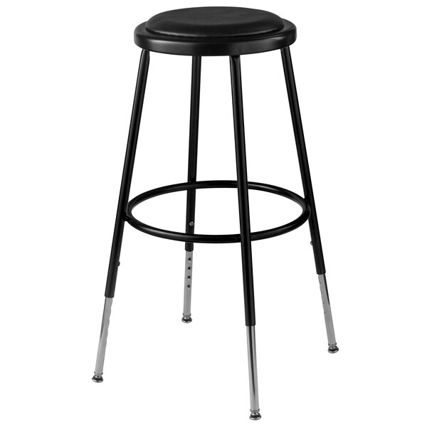 A black National Public Seating adjustable lab stool with chrome legs.