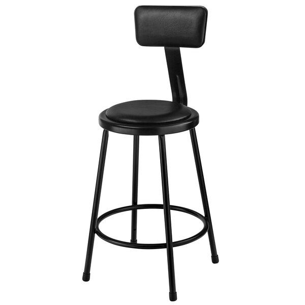 A National Public Seating black lab stool with a black padded seat and backrest.