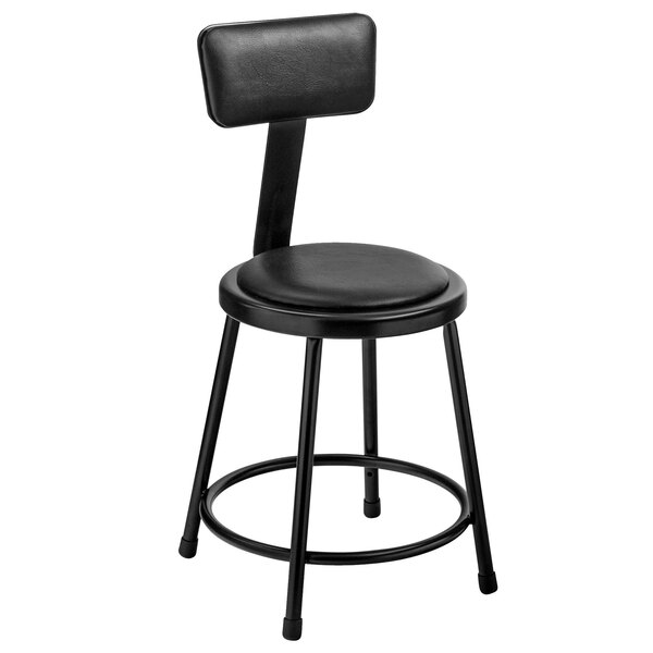 A black National Public Seating lab stool with a black padded seat and back.