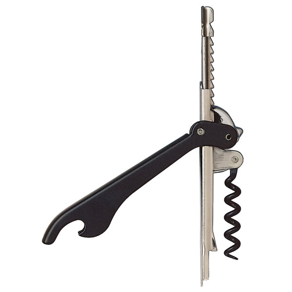 A Puigpull corkscrew with a black enameled handle and metal opener.