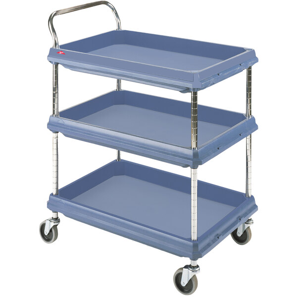A slate blue Metro three tier utility cart with wheels.
