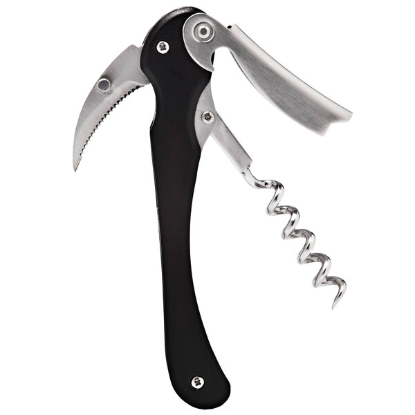 A Franmara Archimedes stainless steel waiter's corkscrew with an anodized black handle and silver corkscrew.