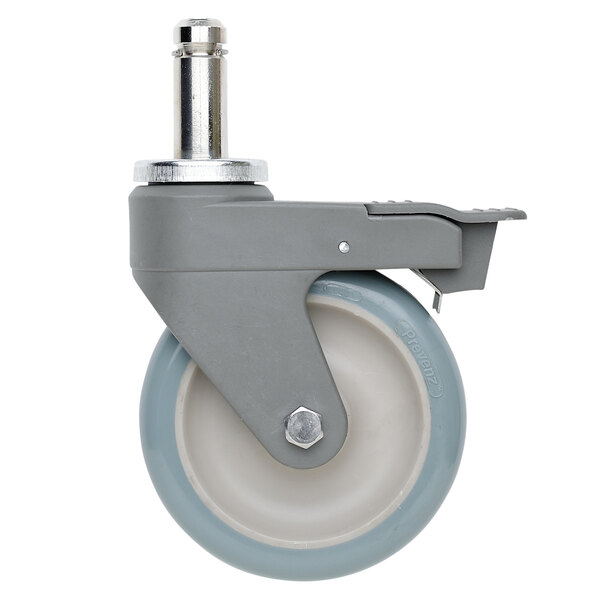 A grey MetroMax caster wheel with a metal stem on a white background.
