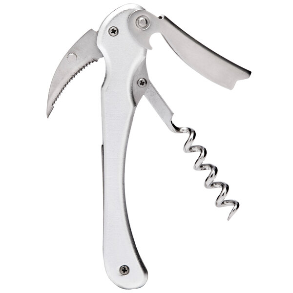 A Franmara stainless steel wine opener with a silver anodized handle and corkscrew.