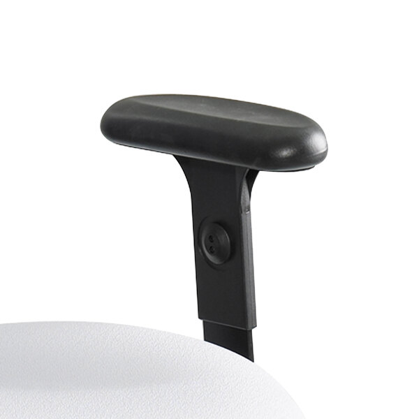 A close up of a black Safco Apprentice adjustable armrest on a white surface.