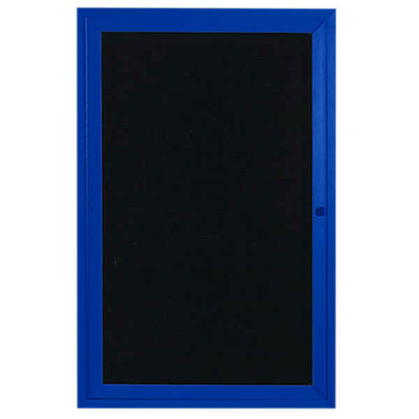 A blue aluminum bulletin board with a black letter board.
