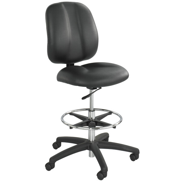 A black Safco Apprentice II office stool with a chrome base and wheels.