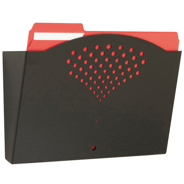 A black Safco wall file with red paper inside.
