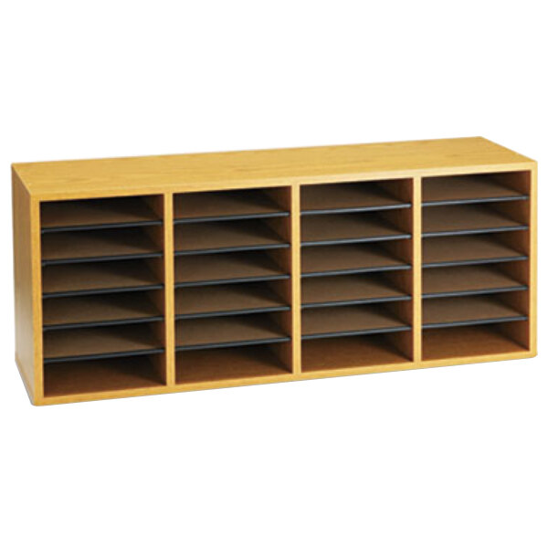 A wooden Safco file organizer with 24 compartments.