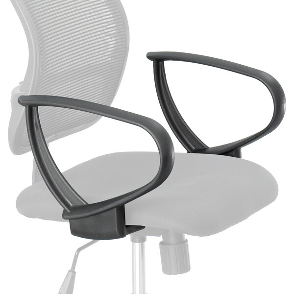 A close-up of a black and grey Safco Vue office chair with black arm rests.