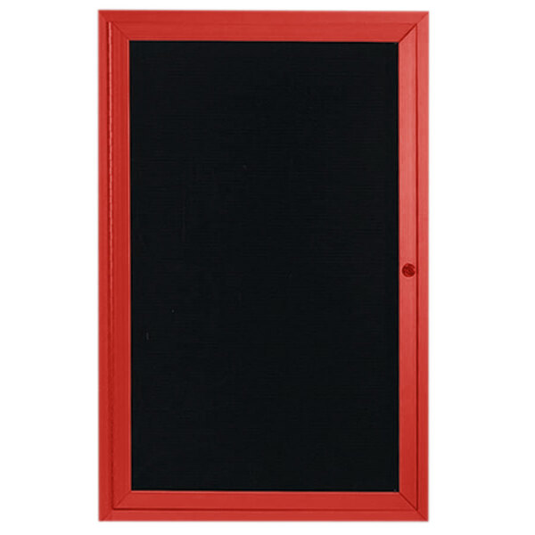 An Aarco red aluminum enclosed directory board with a black letter board.