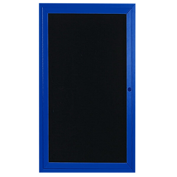 A blue rectangular Aarco outdoor directory board with a black border and black letter board inside.