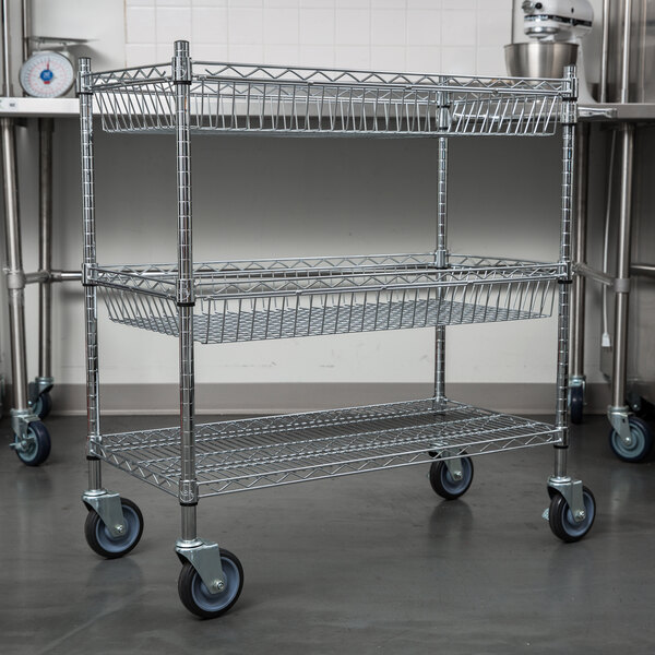 18" x 36" Shelving Cart With 2 Baskets Metal Wire 3 Shelf Silver Open 1320 Lb 