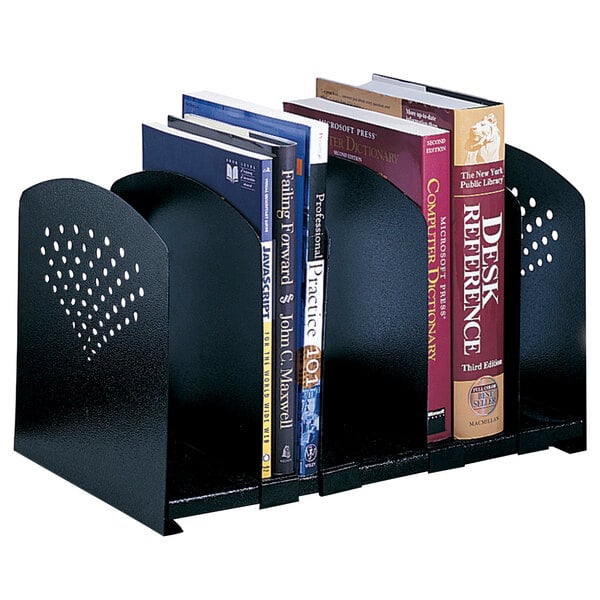 A black metal Safco book rack with several books on it.
