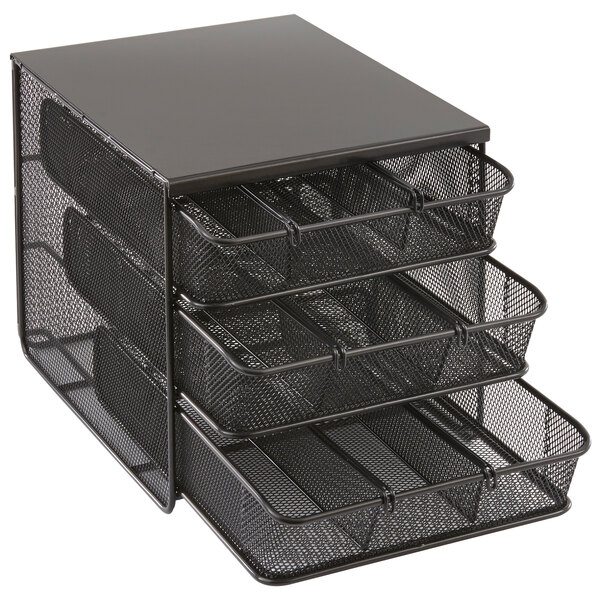 A black metal mesh tray with three drawers.