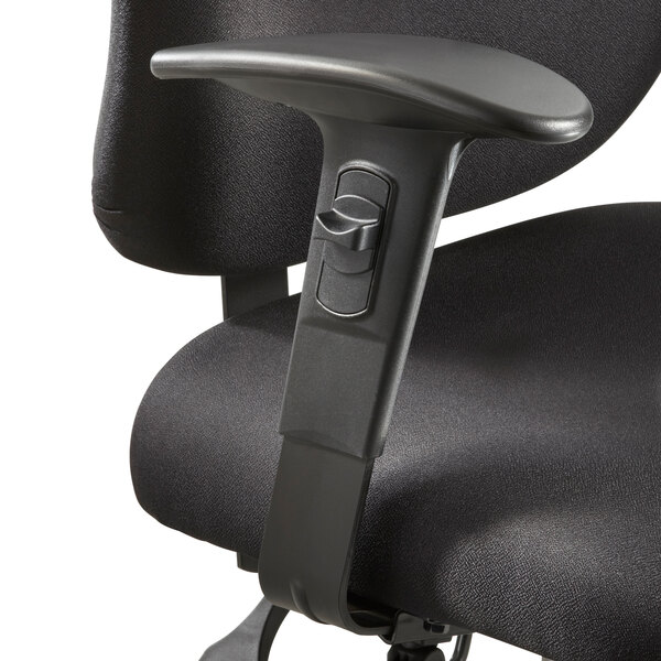 A black office chair with Safco black adjustable armrests.
