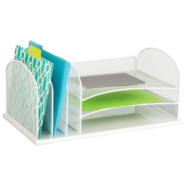 A white Safco steel mesh desk organizer with six sections containing white and blue file holders.