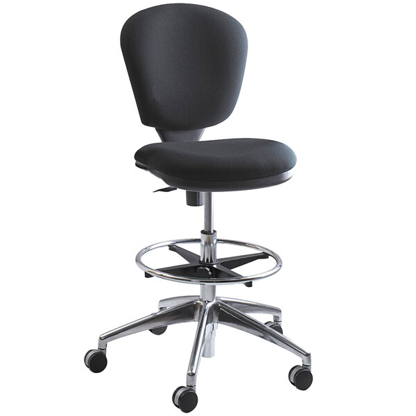 A Safco black office chair with a metal base and wheels.