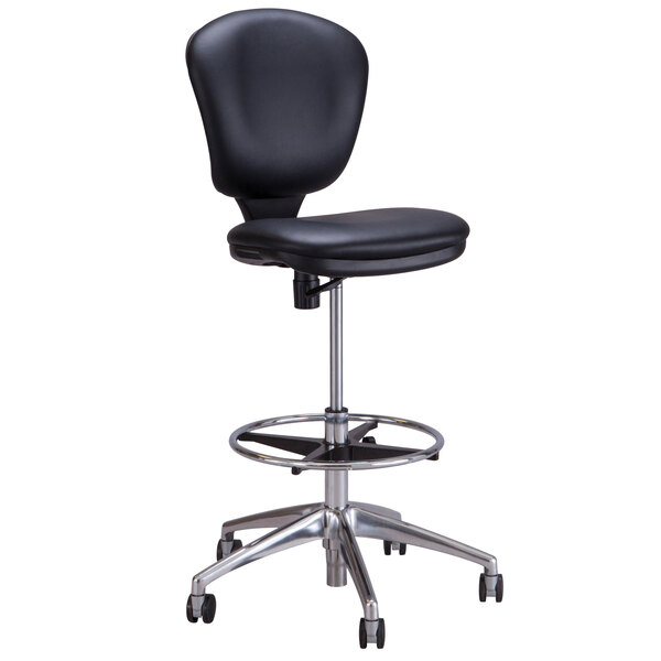 A Safco black vinyl office stool with a metal base and wheels.